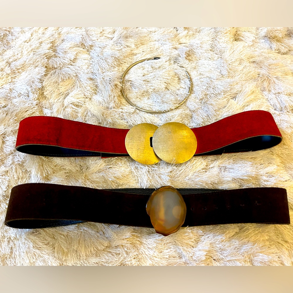 2 Gorgeous Vintage Red + Brown Suede Belts- Agate Buckle- Elegantly Classic ❤️✨